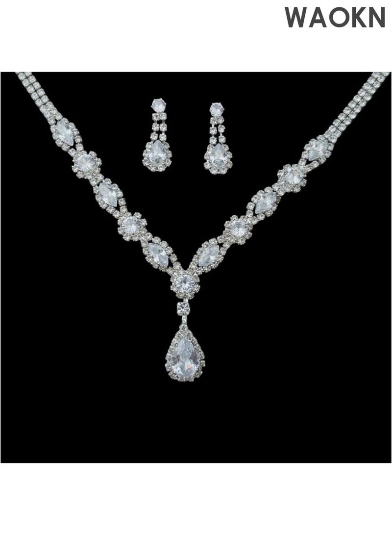 WAOKN 2 Piece Jewelry Set of Necklace and Earrings Shiny teardrop shape Diamond Chic Rhinestone Decor Jewellery Set , suitable for Women , Ladies , Gift for Girlfriend Wife Mother Bridesmaids Wedding Party Accessories , unisex , silvery. - Image 4